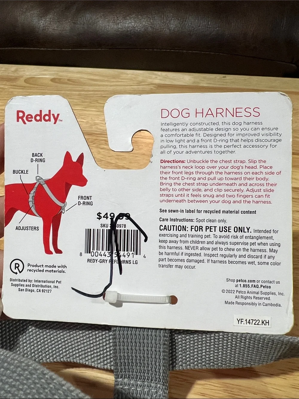 Reddy dog harness gray reflective d-ring 12-19.5” neck 20-27” chest large z98